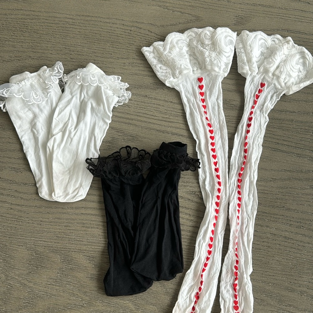 Lot of 3 pair of hosiery items. Ankle stockings and a pair of thigh highs. Small